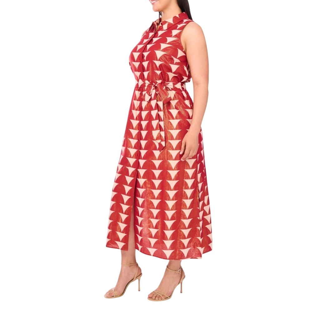 MSK Shirt Dress Women 2X New Red Geometric Lurex Cotton Midi Pockets MSRP $119